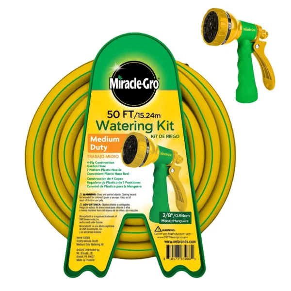 Miracle-Gro 50 ft. Garden Hose Watering Kit – 3/8 in. Watering Hose with Adjustable Nozzle and Plastic Hose Reel